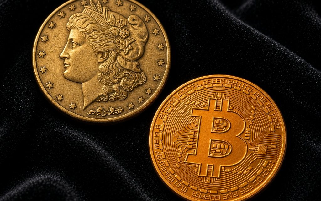 A gold Liberty coin beside a physical Bitcoin token on black velvet