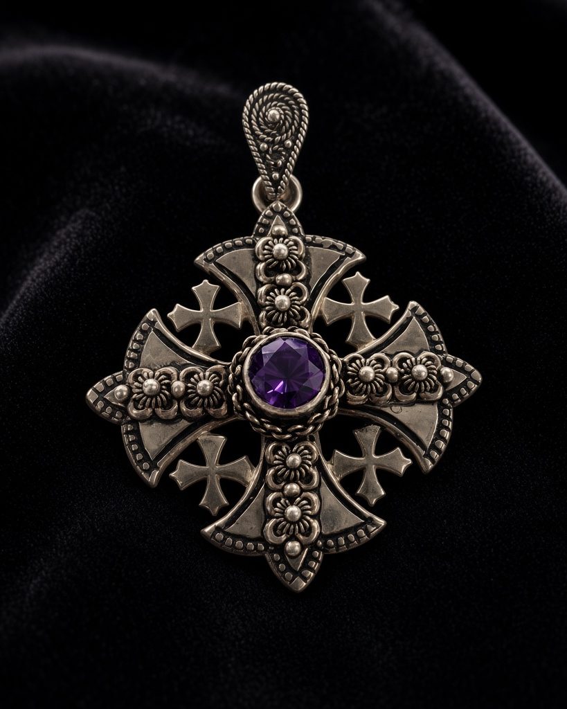 Jerusalem Cross pendant in vintage sterling silver with an amethyst center, on black velvet