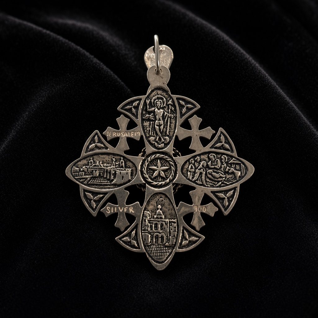 Jerusalem Cross pendant in 900 silver with four holy-scene panels and a center star, on black velvet