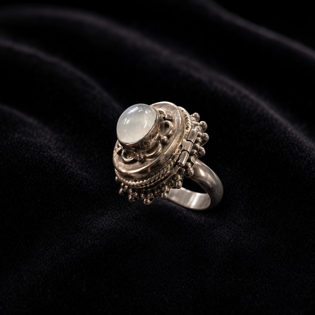 Sterling silver locket ring with moonstone cabochon lid, closed, on black velvet