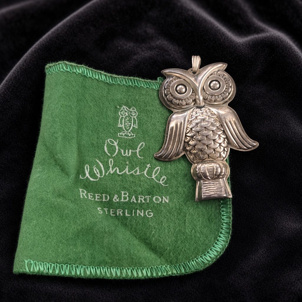 Reed & Barton sterling silver owl whistle beside its green felt pouch, on black velvet